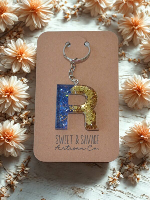 Blue & Gold Letter R Initial Keychain