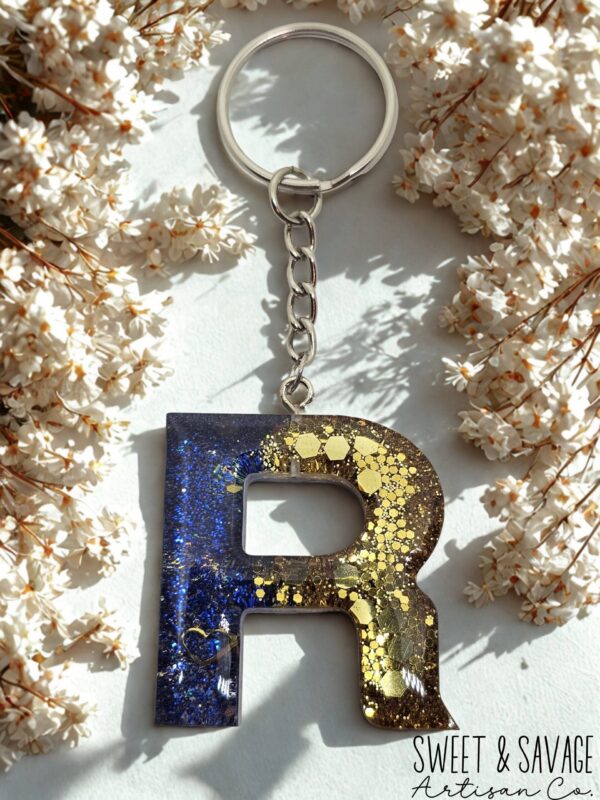 Blue & Gold Letter R Initial Keychain - Image 2
