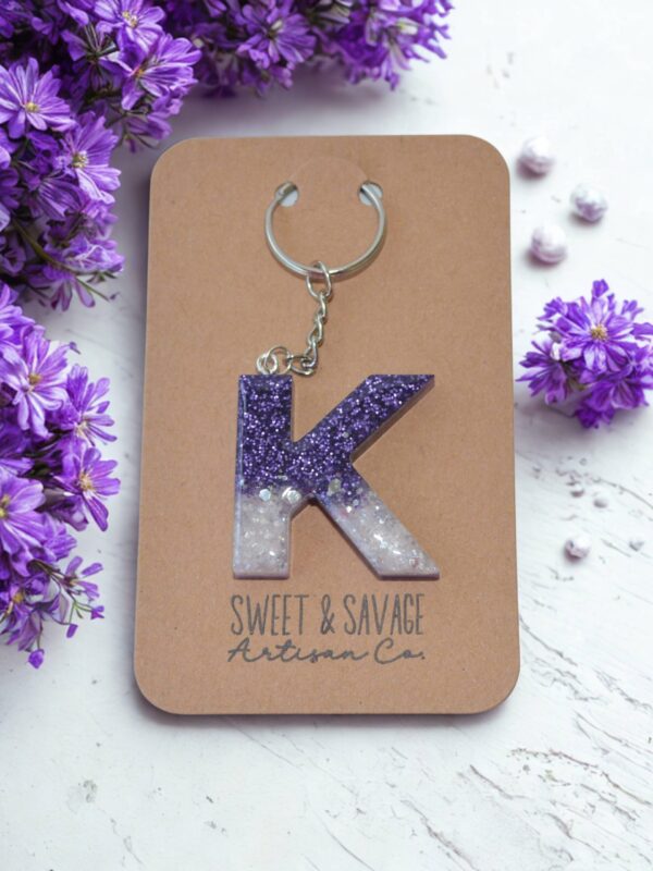 Purple & White Letter K Initial Keychain