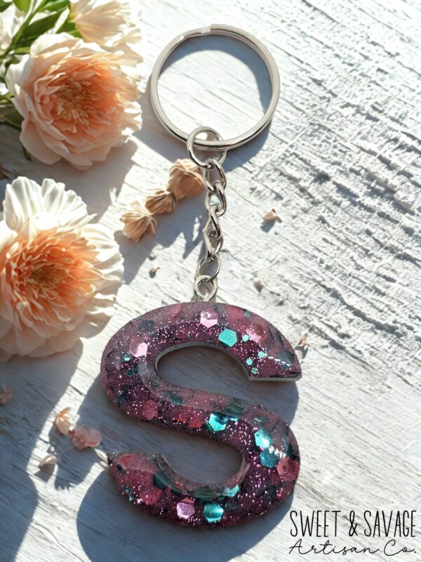 Pink & Teal Letter S Initial Keychain - Image 2