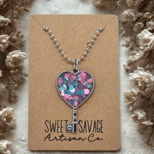 Pink & Teal Heart Key Pendant Necklace