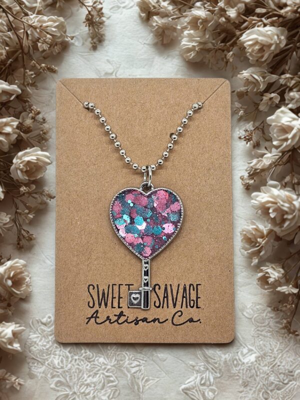 Pink & Teal Heart Key Pendant Necklace