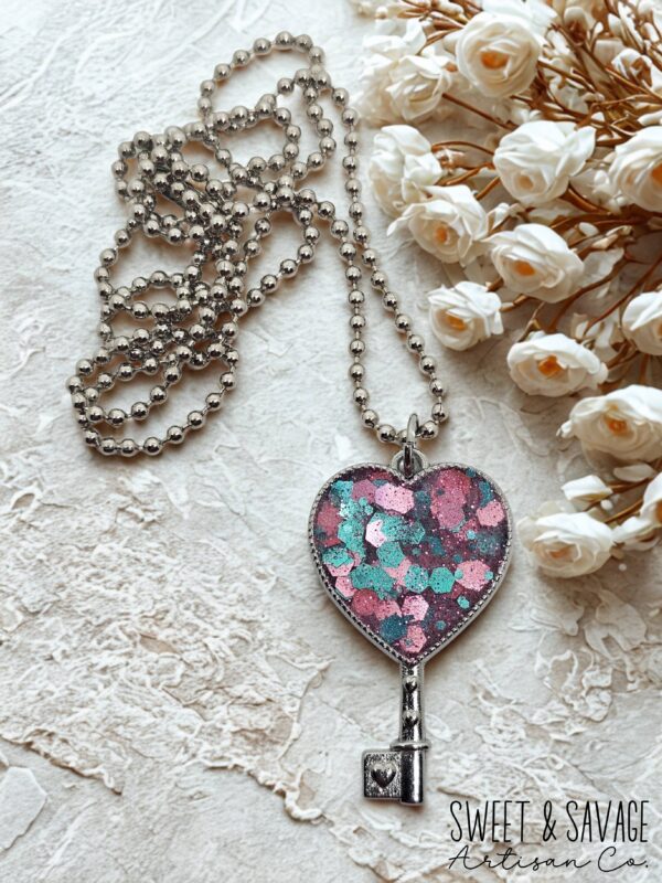 Pink & Teal Heart Key Pendant Necklace - Image 2