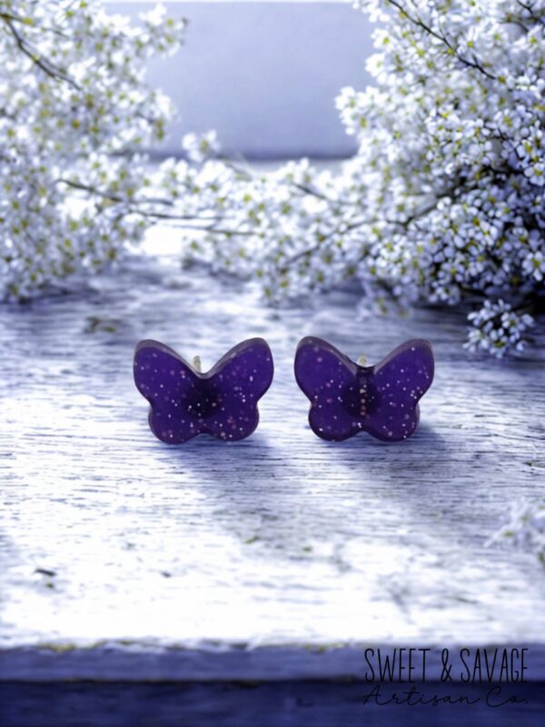 Purple Butterfly Stud Earrings - Image 2
