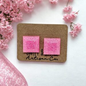 Pink Square Gem Stud Earrings