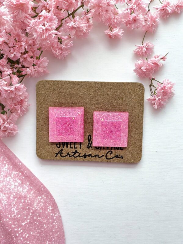 Pink Square Gem Stud Earrings