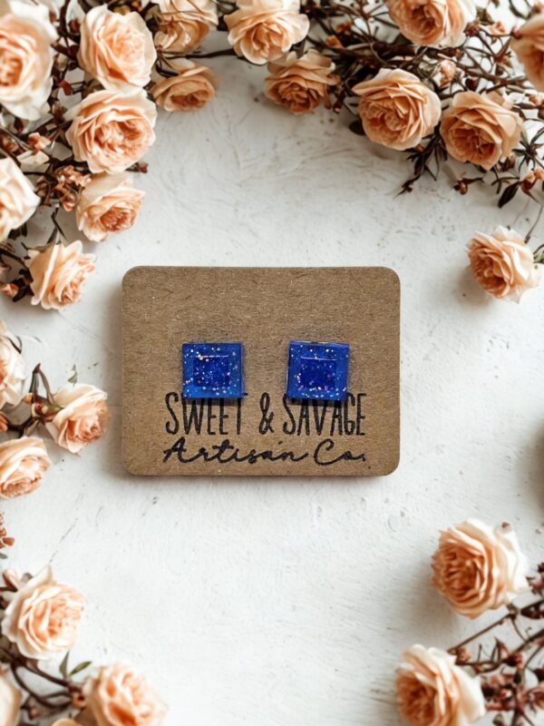 Medium Blue Small Square Gem Stud Earrings
