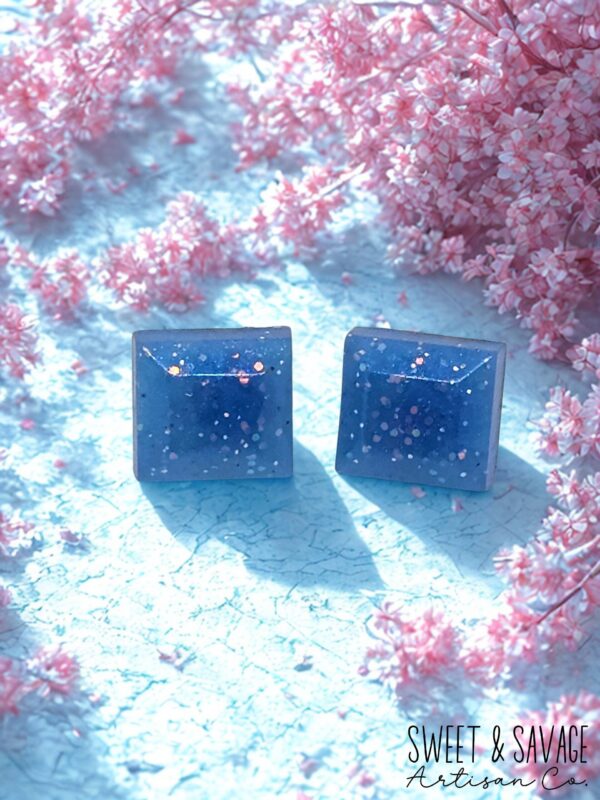 Medium Blue Small Square Gem Stud Earrings - Image 2
