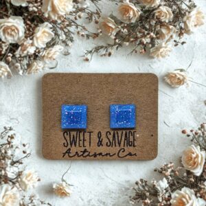 Blue Small Square Gem Stud Earrings