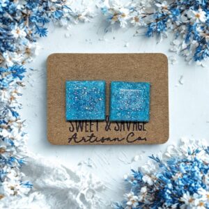 Peacock Blue Square Gem Stud Earrings