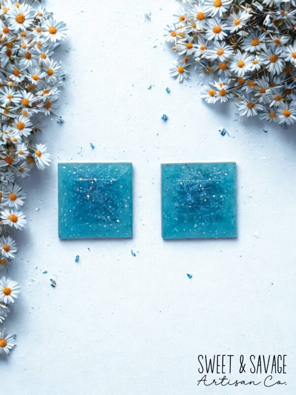 Peacock Blue Square Gem Stud Earrings - Image 2