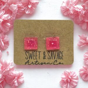 Pink Square Gem Stud Earrings