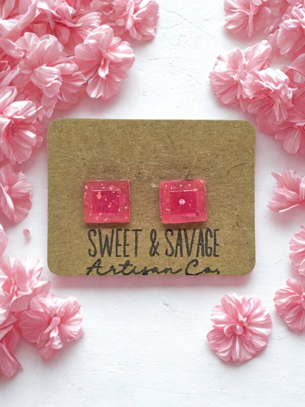 Pink Square Gem Stud Earrings
