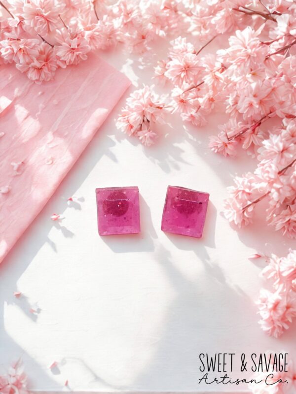 Pink Square Gem Stud Earrings - Image 2