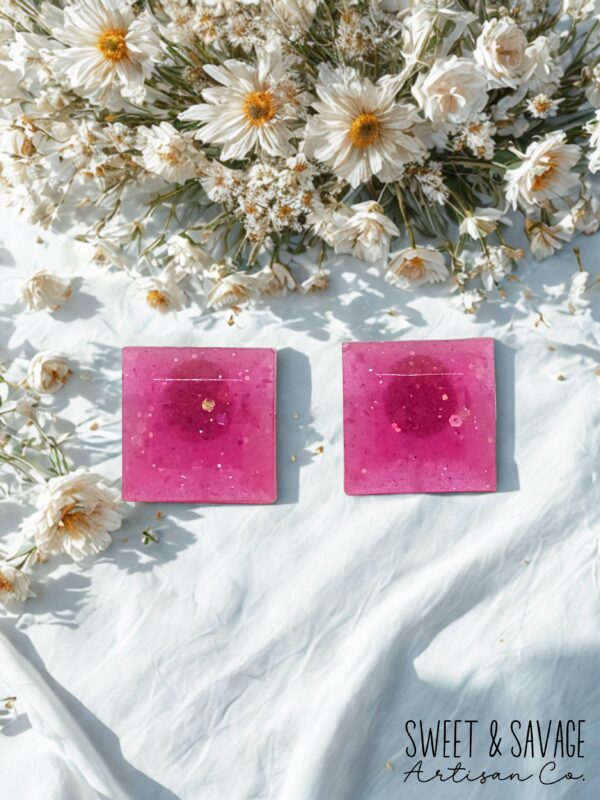 Pink Translucent Square Gem Stud Earrings - Image 2