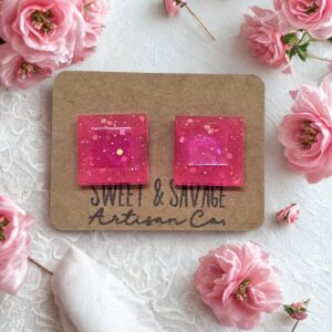 Pink Translucent Square Gem Stud Earrings