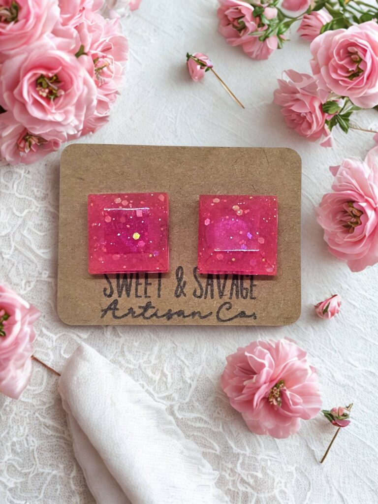 Pink Translucent Square Gem Stud Earrings