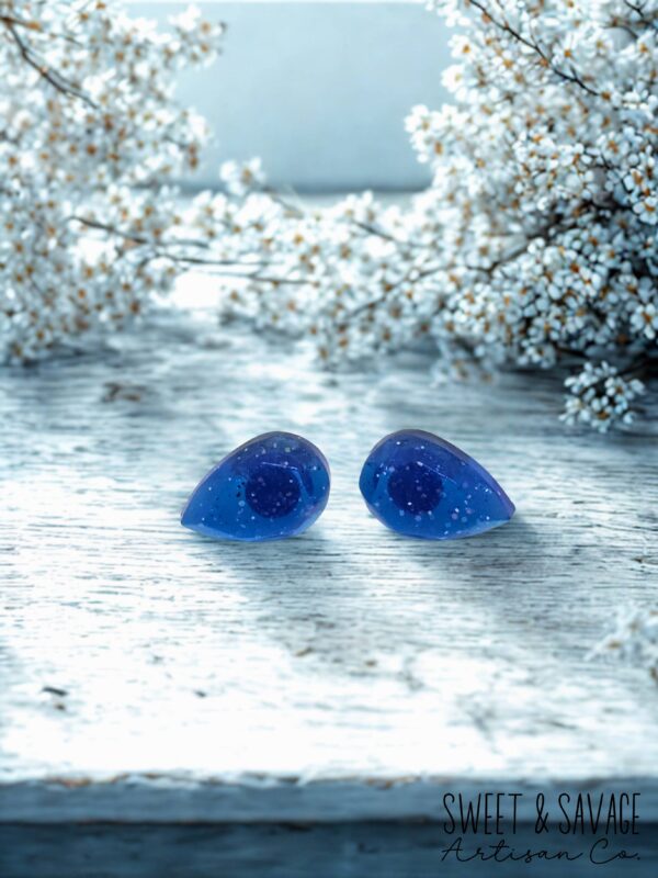 Blue Teardrop Gem Stud Earrings - Image 2
