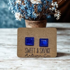 Blue Square Gem Stud Earrings