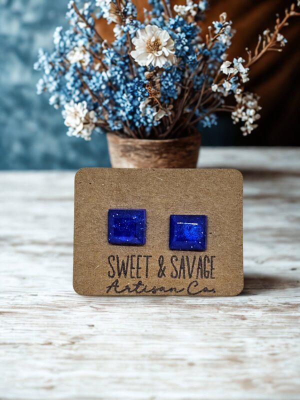 Blue Square Gem Stud Earrings