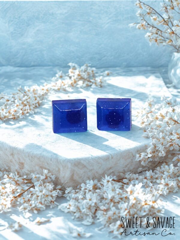 Blue Square Gem Stud Earrings - Image 2