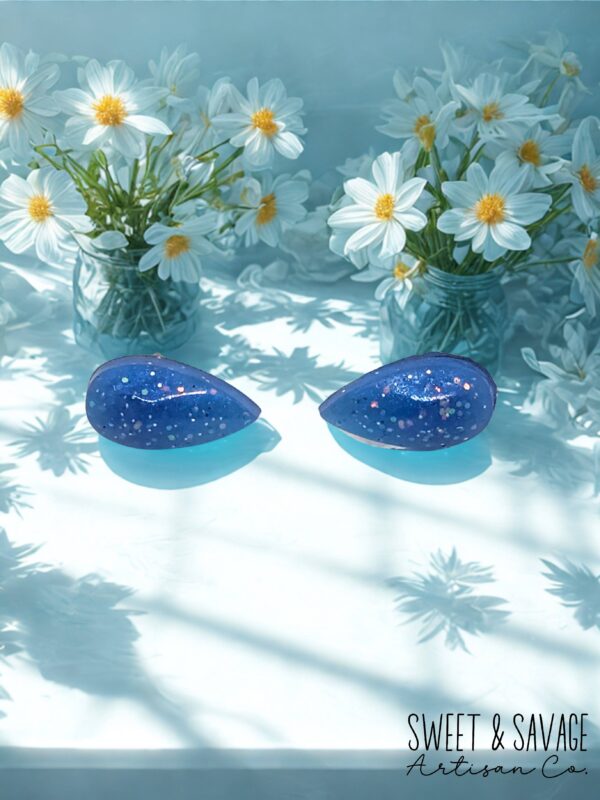 Blue Teardrop Gem Stud Earrings - Image 2