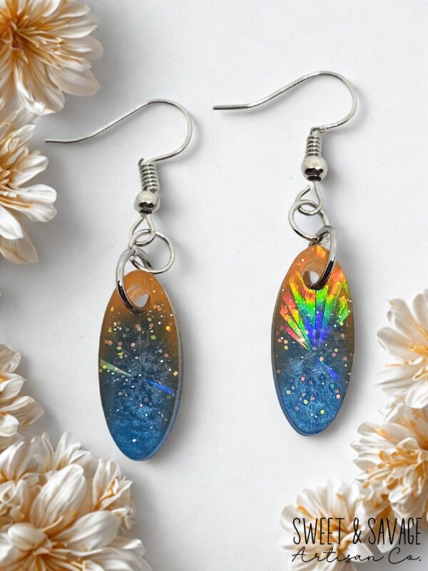 Blue and Orange Dangle Holographic Earrings - Image 2