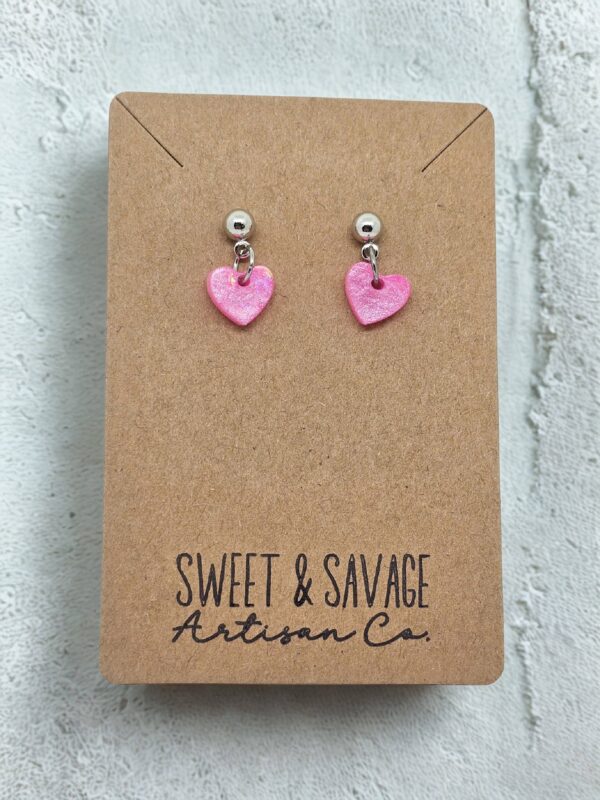 Pink Shimmery Heart Stud Dangle Earrings - Image 2