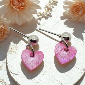 Pink Shimmery Heart Stud Dangle Earrings