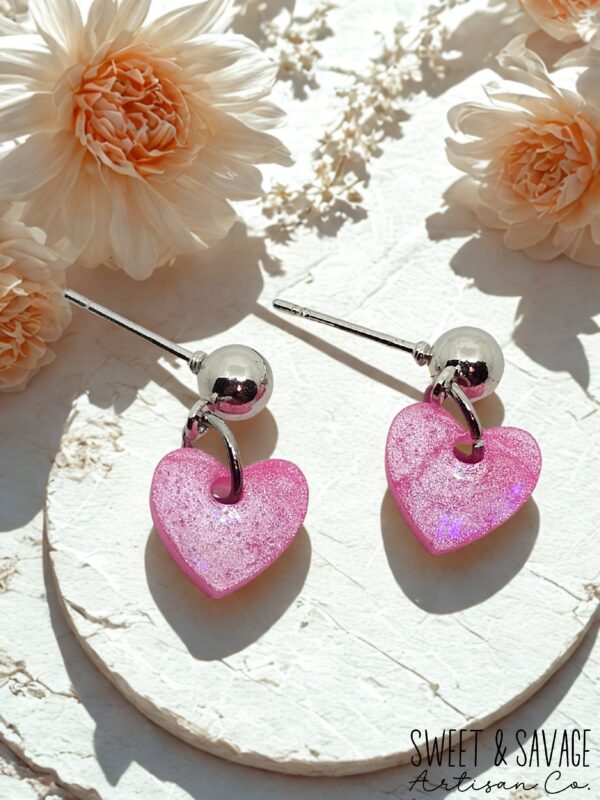 Pink Shimmery Heart Stud Dangle Earrings