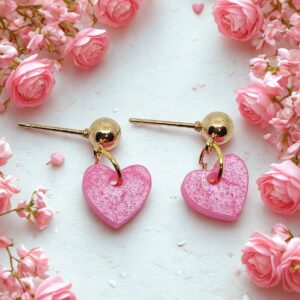 Shimmering Pink Heart Dangle Stud Earrings