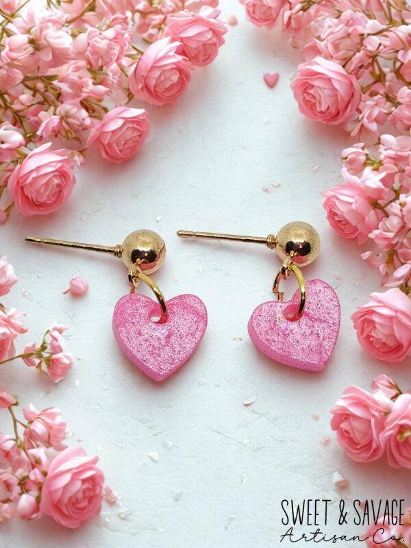 Shimmering Pink Heart Dangle Stud Earrings