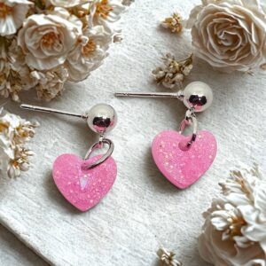 Pink Glitter Heart Stud Dangle Earrings