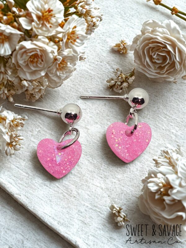 Pink Glitter Heart Stud Dangle Earrings