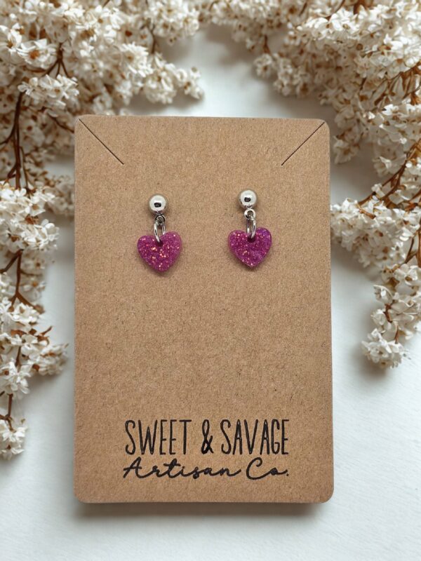 Fuchsia Glitter Heart Stud Dangle Earrings - Image 2