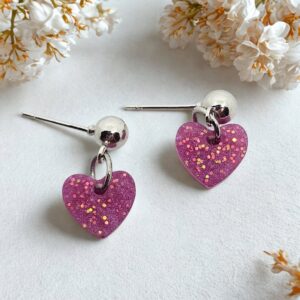Fuchsia Glitter Heart Stud Dangle Earrings
