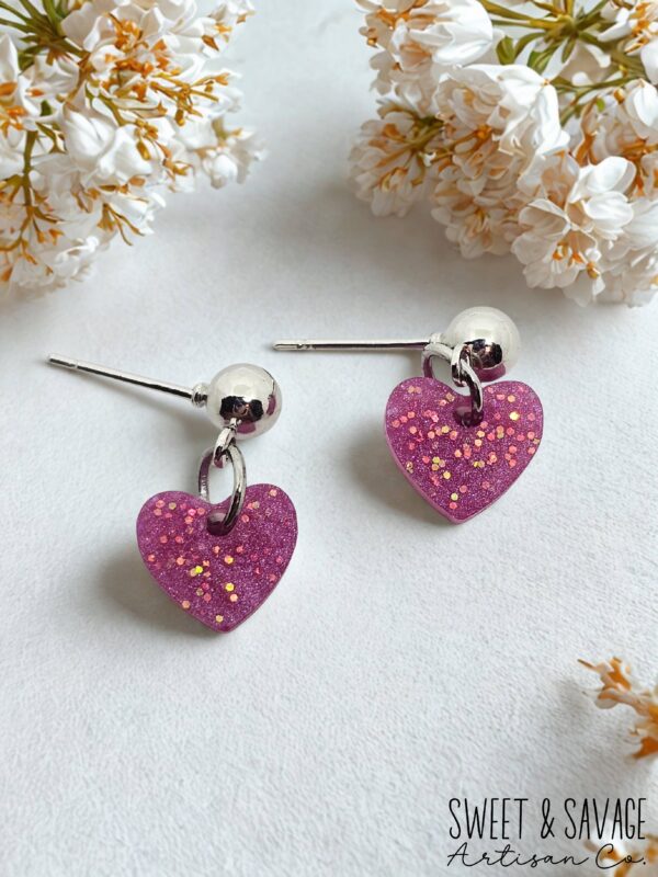 Fuchsia Glitter Heart Stud Dangle Earrings