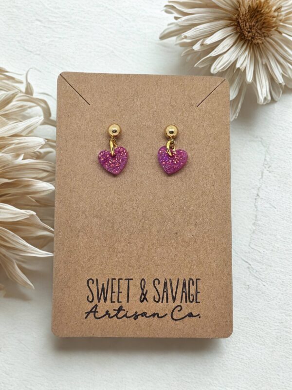 Fuchsia Glitter Heart Dangle Earrings with Gold Studs - Image 2