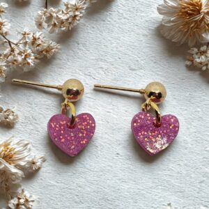 Fuchsia Glitter Heart Dangle Earrings with Gold Studs