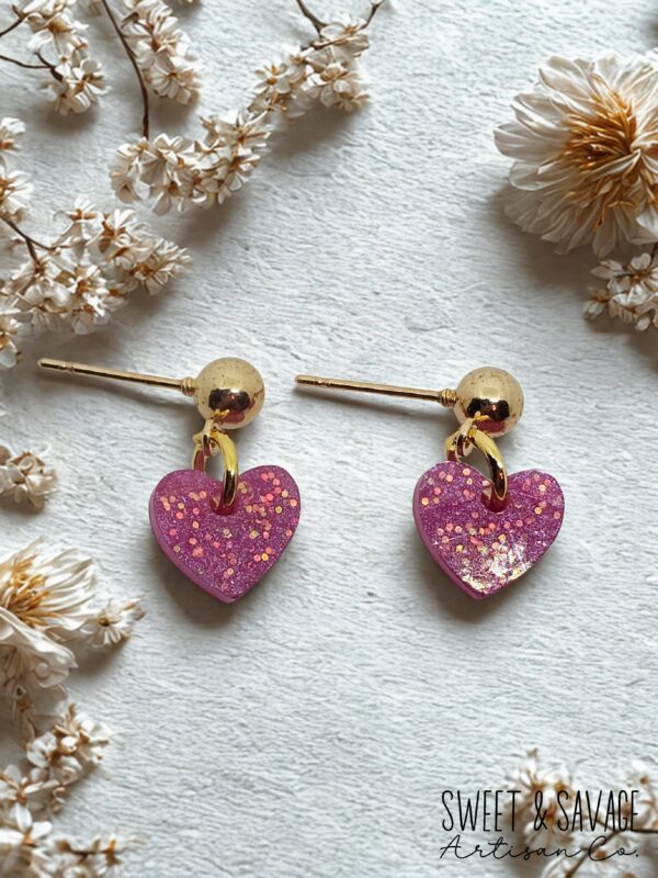 Fuchsia Glitter Heart Dangle Earrings with Gold Studs