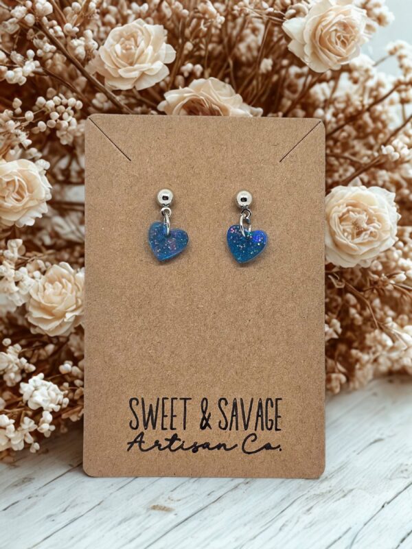 Ocean Blue Glitter Heart Dangle Stud Earrings - Image 2
