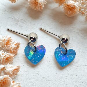 Ocean Blue Glitter Heart Dangle Stud Earrings
