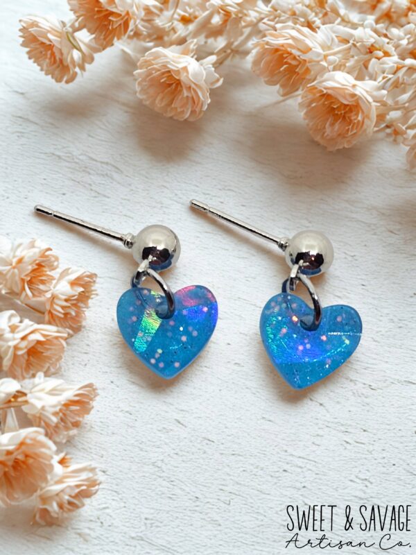 Ocean Blue Glitter Heart Dangle Stud Earrings