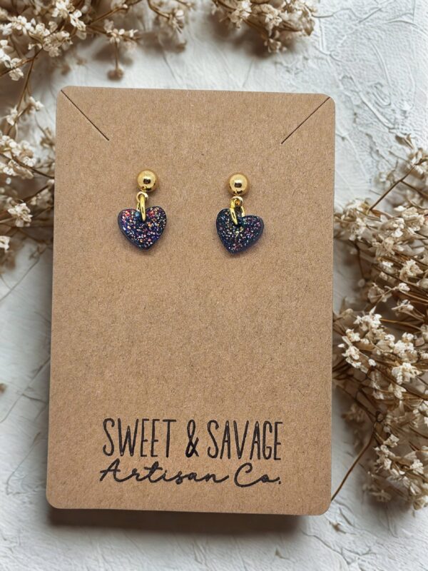 Midnight Blue Glitter Heart Dangle Stud Earrings - Image 2