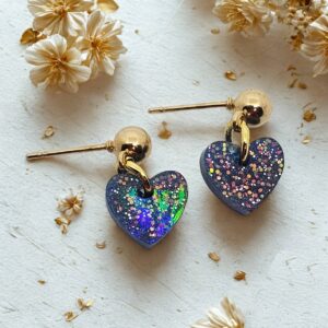 Midnight Blue Glitter Heart Dangle Stud Earrings