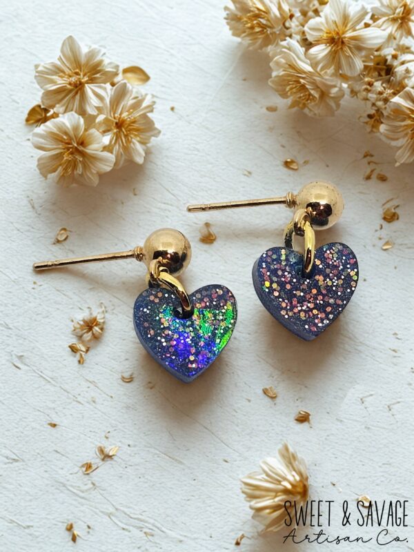 Midnight Blue Glitter Heart Dangle Stud Earrings