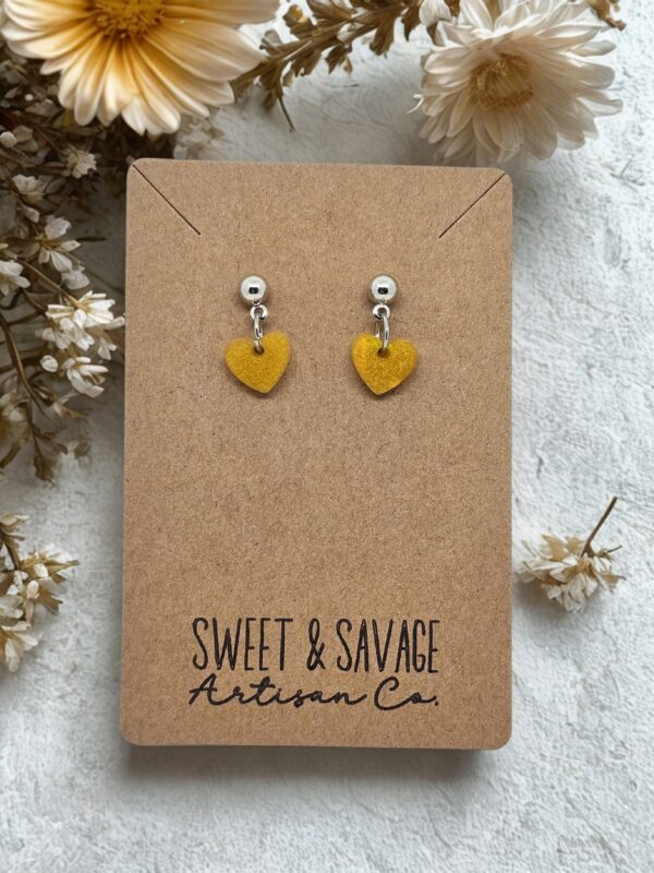 Sunny Yellow Glitter Heart Dangle Studs - Image 2