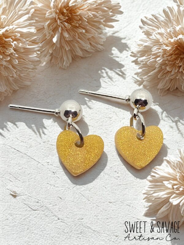 Sunny Yellow Glitter Heart Dangle Studs