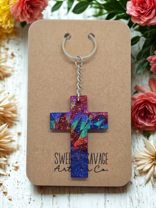 Red and Blue Cross Holographic Keychain