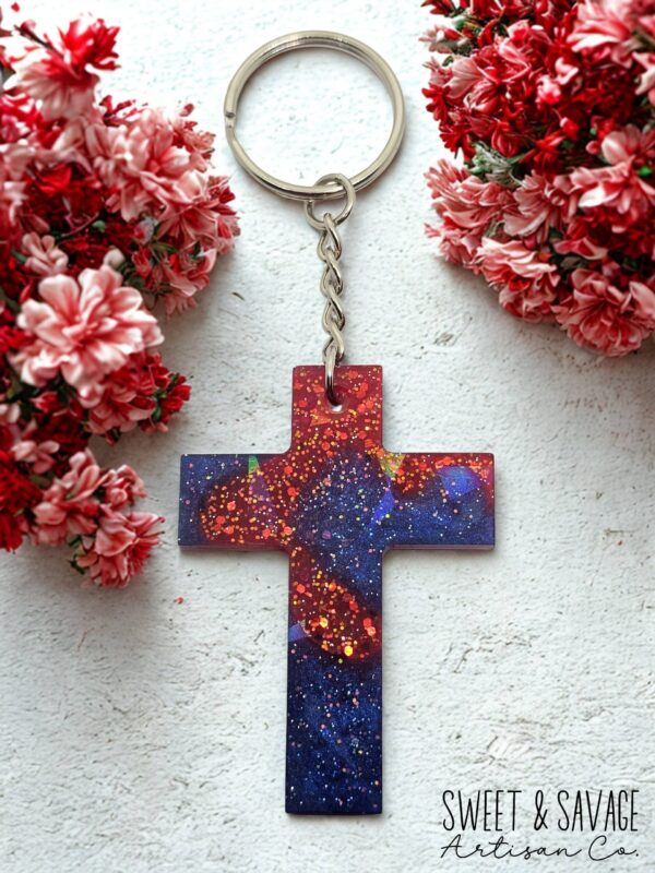 Red and Blue Cross Holographic Keychain - Image 2